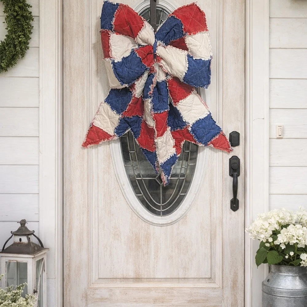 Handmade Patriotic Rag Quilt Door Bow - Picture 4 of 7